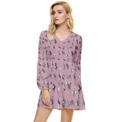 Insects pattern Tiered Long Sleeve Mini Dress