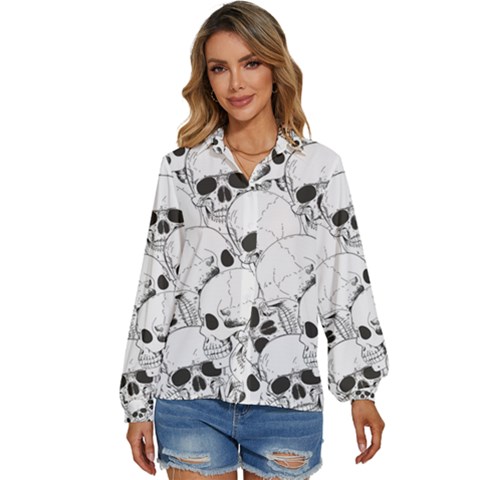 Skull Pattern Women s Long Sleeve Button Down Shirt by Valentinaart