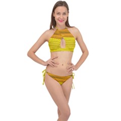 Yellow And Gold Horizontal Stripes - Abstract Art Cross Front Halter Bikini Set by KorokStudios