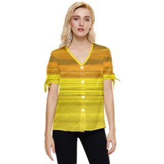 Yellow And Gold Horizontal Stripes - Abstract Art Bow Sleeve Button Up Top by KorokStudios