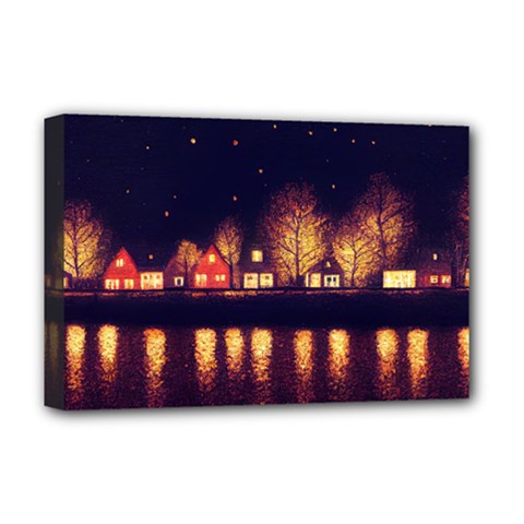 Night Houses River Bokeh Leaves Fall Autumn Deluxe Canvas 18  X 12  (stretched) by danenraven