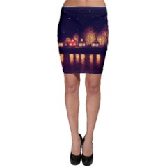 Night Houses River Bokeh Leaves Fall Autumn Bodycon Skirt by danenraven