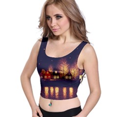 Night Houses River Bokeh Leaves Fall Autumn Crop Top by danenraven