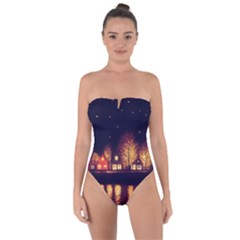 Night Houses River Bokeh Leaves Fall Autumn Tie Back One Piece Swimsuit by danenraven