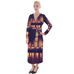 Night Houses River Bokeh Leaves Fall Autumn Velvet Maxi Wrap Dress by danenraven