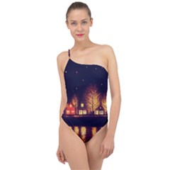 Night Houses River Bokeh Leaves Fall Autumn Classic One Shoulder Swimsuit by danenraven