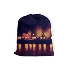 Night Houses River Bokeh Leaves Fall Autumn Drawstring Pouch (large) by danenraven