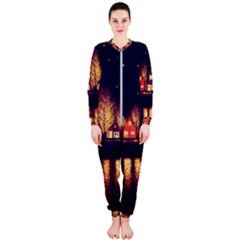 Night Houses River Bokeh Leaves Fall Autumn Onepiece Jumpsuit (ladies) by danenraven