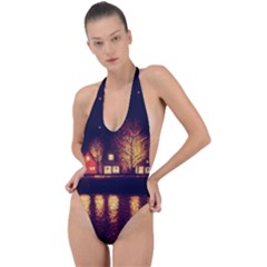 Night Houses River Bokeh Leaves Fall Autumn Backless Halter One Piece Swimsuit by danenraven