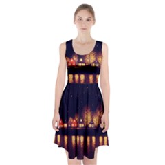 Night Houses River Bokeh Leaves Fall Autumn Racerback Midi Dress by danenraven