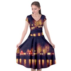 Night Houses River Bokeh Leaves Fall Autumn Cap Sleeve Wrap Front Dress by danenraven