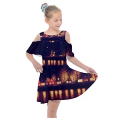 Night Houses River Bokeh Leaves Fall Autumn Kids  Shoulder Cutout Chiffon Dress