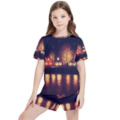 Night Houses River Bokeh Leaves Fall Autumn Kids  Tee And Sports Shorts Set by danenraven
