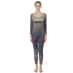 Morning River Forest Autumn Misty Morning Stream Long Sleeve Catsuit by danenraven