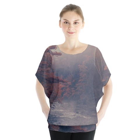 Morning River Forest Autumn Misty Morning Stream Batwing Chiffon Blouse by danenraven