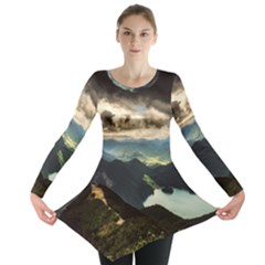 Mountains Sky Clouds Sunset Peak Overlook River Long Sleeve Tunic 