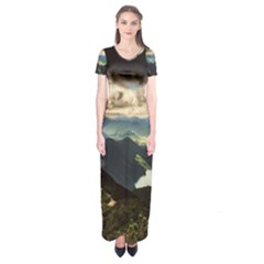 Mountains Sky Clouds Sunset Peak Overlook River Short Sleeve Maxi Dress by danenraven