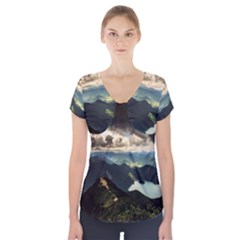 Mountains Sky Clouds Sunset Peak Overlook River Short Sleeve Front Detail Top