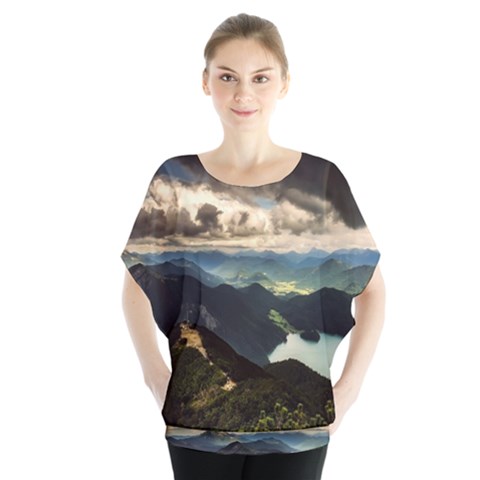 Mountains Sky Clouds Sunset Peak Overlook River Batwing Chiffon Blouse by danenraven