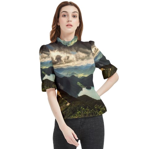 Mountains Sky Clouds Sunset Peak Overlook River Frill Neck Blouse by danenraven