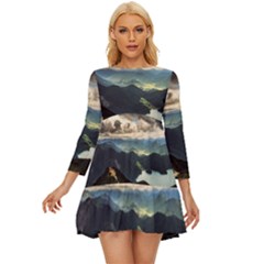 Mountains Sky Clouds Sunset Peak Overlook River Long Sleeve Babydoll Dress