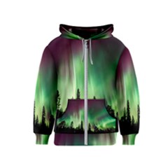 Aurora Borealis Northern Lights Forest Trees Woods Kids  Zipper Hoodie