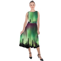 Aurora Borealis Northern Lights Forest Trees Woods Midi Tie-Back Chiffon Dress