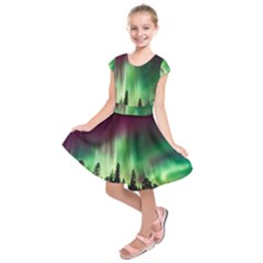 Aurora Borealis Northern Lights Forest Trees Woods Kids  Short Sleeve Dress
