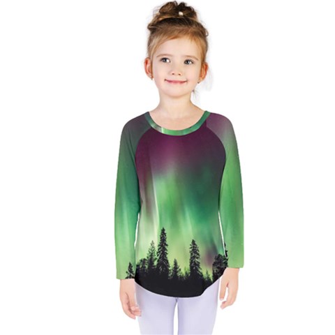 Aurora Borealis Northern Lights Forest Trees Woods Kids  Long Sleeve Tee by danenraven