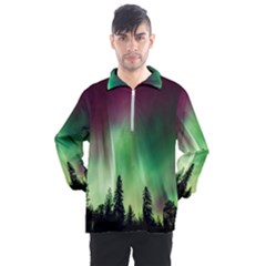 Aurora Borealis Northern Lights Forest Trees Woods Men s Half Zip Pullover by danenraven