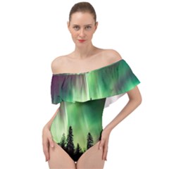 Aurora Borealis Northern Lights Forest Trees Woods Off Shoulder Velour Bodysuit 