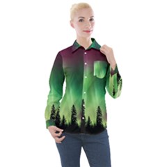 Aurora Borealis Northern Lights Forest Trees Woods Women s Long Sleeve Pocket Shirt