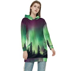 Aurora Borealis Northern Lights Forest Trees Woods Women s Long Oversized Pullover Hoodie