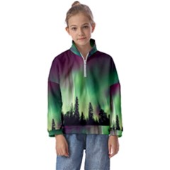 Aurora Borealis Northern Lights Forest Trees Woods Kids  Half Zip Hoodie