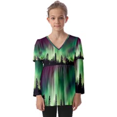 Aurora Borealis Northern Lights Forest Trees Woods Kids  V Neck Casual Top