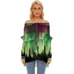 Aurora Borealis Northern Lights Forest Trees Woods Off Shoulder Chiffon Pocket Shirt by danenraven