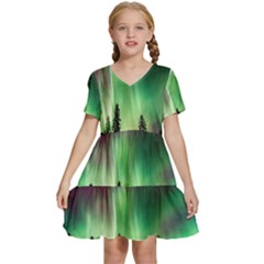 Aurora Borealis Northern Lights Forest Trees Woods Kids  Short Sleeve Tiered Mini Dress