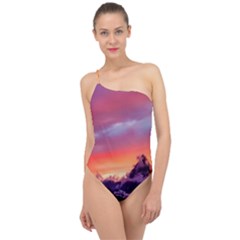 Matterhorn Mountains Sunset Dusk Snow Winter Classic One Shoulder Swimsuit by danenraven