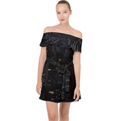 City Night Urban Downtown Science Tower Halo Off Shoulder Chiffon Dress by danenraven