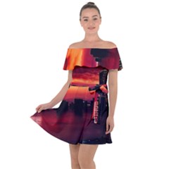 New York City Urban Skyline Harbor Bay Reflections Off Shoulder Velour Dress by danenraven