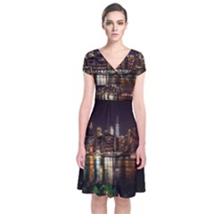 New York City Panorama Urban Hudson River Water Short Sleeve Front Wrap Dress by danenraven