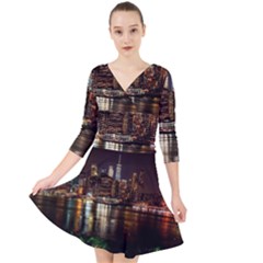 New York City Panorama Urban Hudson River Water Quarter Sleeve Front Wrap Dress by danenraven