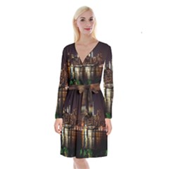 New York City Panorama Urban Hudson River Water Long Sleeve Velvet Front Wrap Dress by danenraven