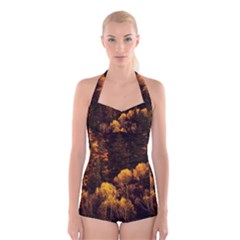 Autumn Fall Foliage Forest Trees Woods Nature Boyleg Halter Swimsuit  by danenraven