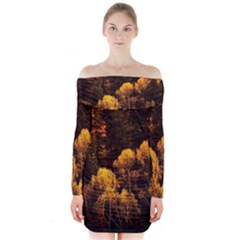 Autumn Fall Foliage Forest Trees Woods Nature Long Sleeve Off Shoulder Dress by danenraven