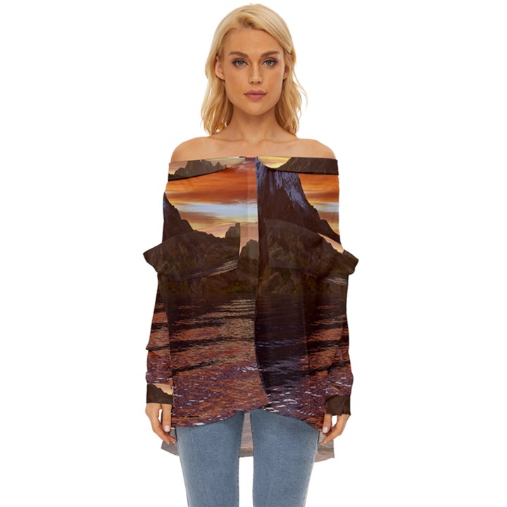 Sunset Island Tropical Sea Ocean Water Travel Off Shoulder Chiffon Pocket Shirt