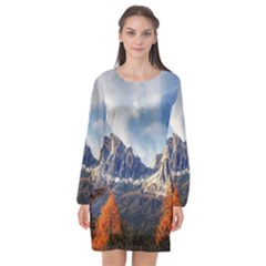 Dolomites Mountains Alps Alpine Trees Conifers Long Sleeve Chiffon Shift Dress  by danenraven