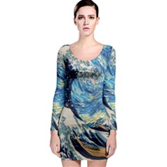The Great Wave Of Kanagawa Painting Starry Night Vincent Van Gogh Long Sleeve Bodycon Dress by danenraven