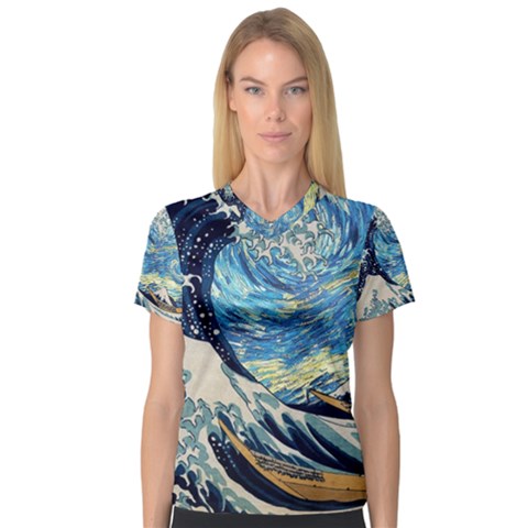 The Great Wave Of Kanagawa Painting Starry Night Vincent Van Gogh V-neck Sport Mesh Tee by danenraven