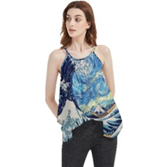 The Great Wave Of Kanagawa Painting Starry Night Vincent Van Gogh Flowy Camisole Tank Top by danenraven